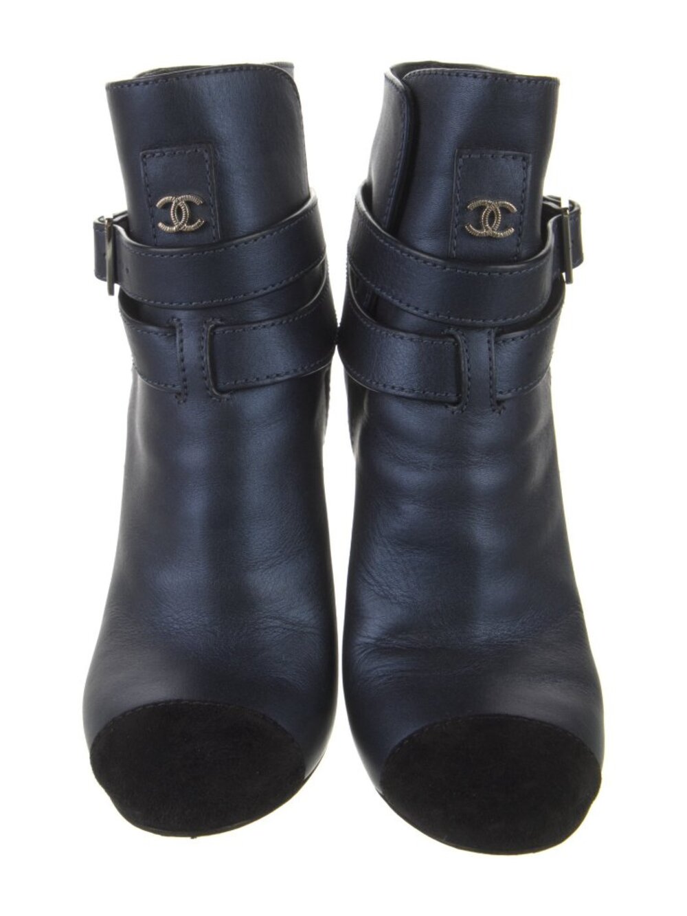 CHANEL Navy Blue Black Cap Toe Leather CC Logo Ankle Heeled Boots